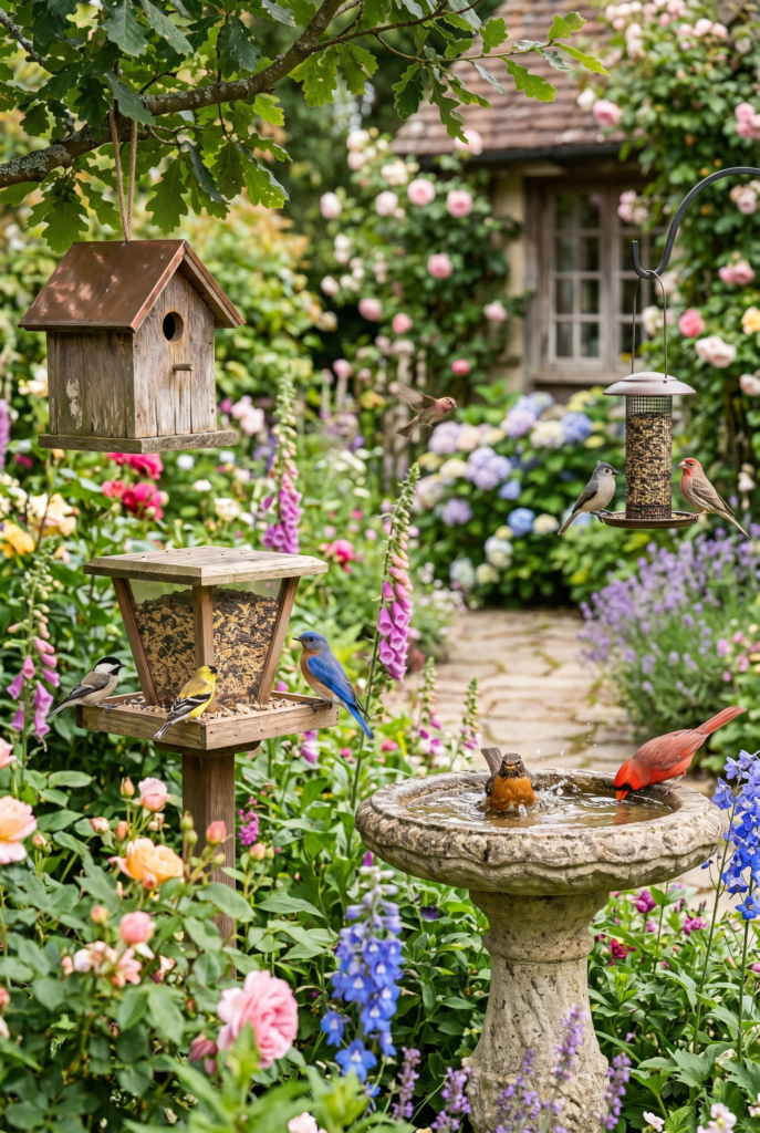 Wild Birds in a Bird Bath, on a Bird Feeder, and a Bird House.