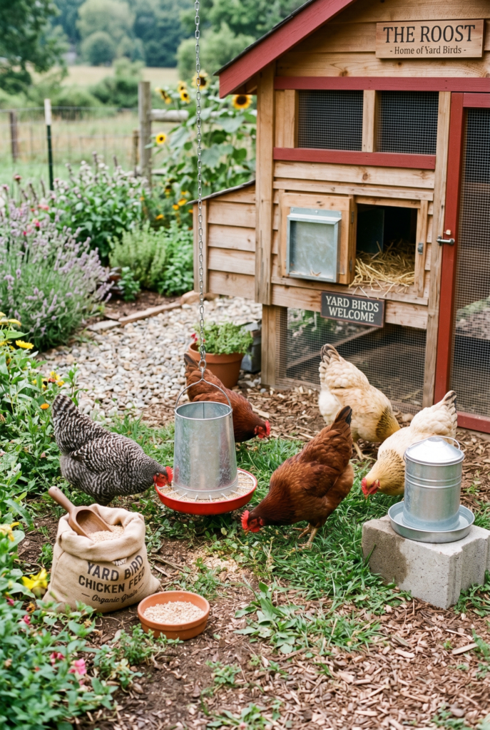 Backyard Chickens In Front Of Their Chicken Coup.
